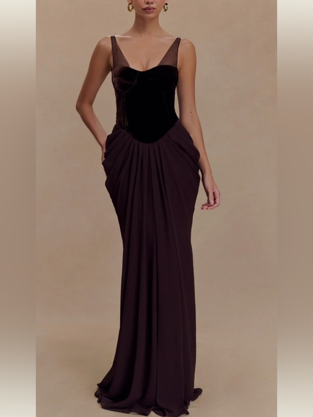 Meshki Roxanne Dress Velvet Corset Maxi Dress - Cacao Brown